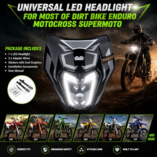 DOT Dirt Bike Headlight LED With Turn Signals and Graphics Sticker-Black - color: Black with Sticker, size: With Turn Signals