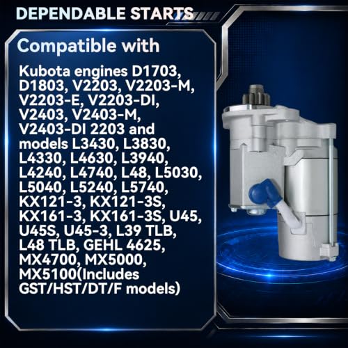 17123-63016 18004N Starter Motor for D1703 D1803 V2203 V2403 L3430 L4740 L5030 KX121-3 MX4700 MX5000 Models, 12V 2.0KW 9 Teeth CW - size: 17123-63016
