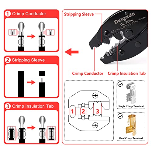 Delgada 36Pcs Spark Plug Wire Crimping Tool Spark Plug Wire Crimper Kit with 36PCS Boot Terminals Crimp and Stripping Tool Set for 180° 90° Straight Ignition Wire Coil Terminals