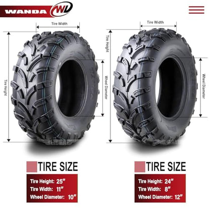 WANDA UTV ATV Tires 24x8-12 Front & 25x11-10 Rear /6PR P373 Lit Mud - size: 24X8-12&25X11-10