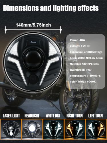 5-3/4" Motorcycle Headlight Laser Light with White DRL Amber Turn Signal Compatible with Sportster Iron 883 SuperLow XL883 XL1200,Softail Springer, Dyna Street Bob Low Rider - color: White DRL/Amber Turn