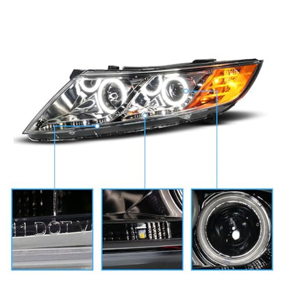 AmeriLite for 2011-2015 Kia Optima Halogen Model Xtreme LED Halos Gun-Metal Replacement Projector Headlights Set - Driver and Passenger Side - color: Gun Metal