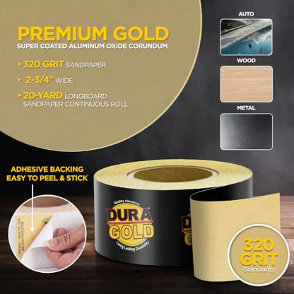 Dura-Gold Gold PSA Longboard Sandpaper, 240 Grit, 20 Yard Roll, 2-3/4" Wide - size: 240-Grit