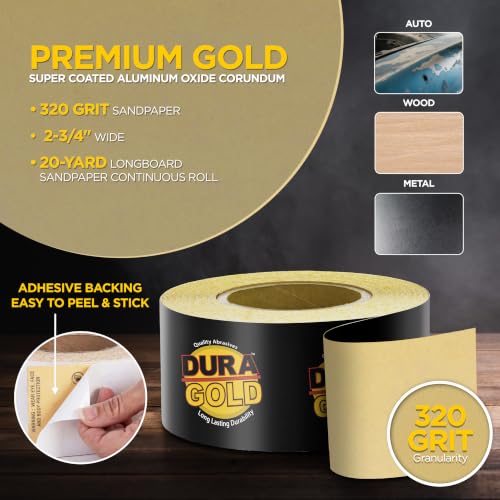 Dura-Gold Gold PSA Longboard Sandpaper, 240 Grit, 20 Yard Roll, 2-3/4" Wide - size: 240-Grit