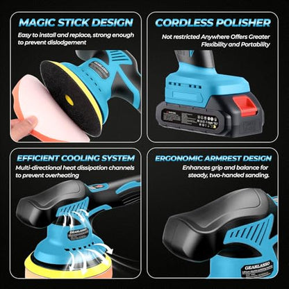 Cordless Car Polisher, 21V Car Buffer with 2x 2000mAh Batteries