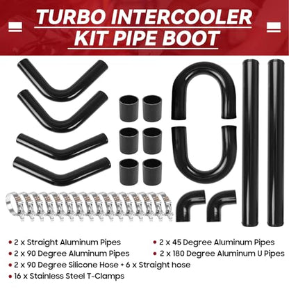 3" Universal Intercooler Kit Aluminum Turbo Intercooler Piping U-Pipe Kit with Coupler and T-Clamps DIY Custom Pipe 32Pcs-Black - color: Black, size: 3"-60cm