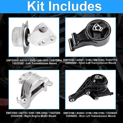 Engine Motor and Trans Mounts Compatible with Chevrolet Malibu 2013-2015 2.5L, Replace OE A5502 A5711 A5501, EM-3196 EM-4128 EM-3194, 13346302, Set of 4 - size: 2013-2015 Chevrolet Malibu 2.5L