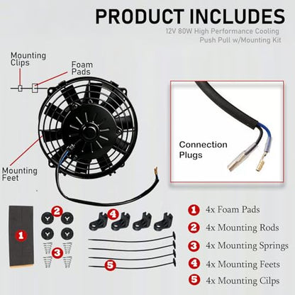 12 Inch Reversible Radiator Cool Fan, Upgraded Push & Pull Slim Electric Cooling Fan 12V 80W, Universal Fit for Car/Truck/SUV (Black w/Mount) - size: 12 INCH