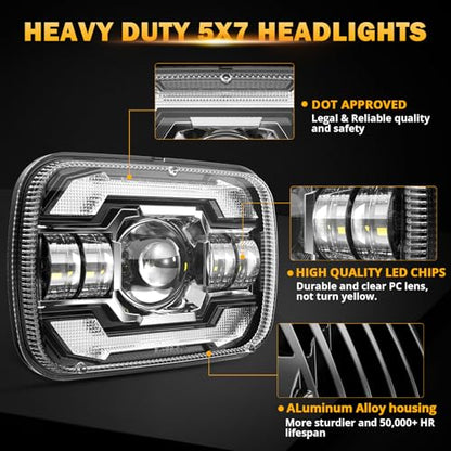 Auxbeam 12000LM 5x7 7x6 LED Headlights For Jeep XJ Cherokee Wrangler YJ - color: Black with silver frame
