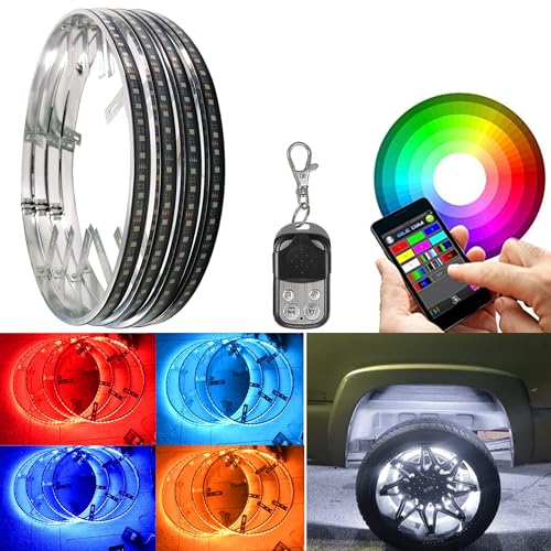 17in RGBW Wheel Ring Lights w/Brake Function, White Courtesy Light, Waterproof Wheel Well Rim Tire Lights With Wireless RF Remote App Control for Truck SUV Car - size: 17inch