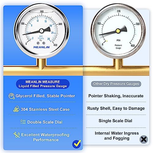 MEANLIN MEASURE 0~400Psi Stainless Steel 1/4" NPT 2.5" FACE DIAL Liquid Filled Pressure Gauge WOG Water Oil Air Center Back Mount, with 1/2" NPT and 3/8" NPT Hex Bushing - size: 0-400Psi