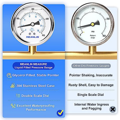 MEANLIN MEASURE 0~400Psi Stainless Steel 1/4" NPT 2.5" FACE DIAL Liquid Filled Pressure Gauge WOG Water Oil Air Center Back Mount, with 1/2" NPT and 3/8" NPT Hex Bushing - size: 0-400Psi