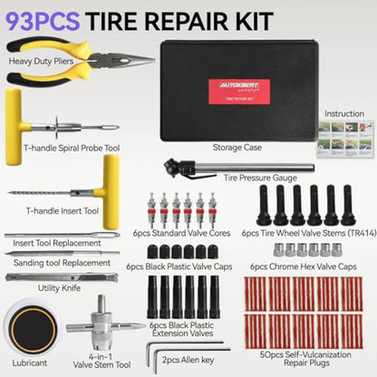 AUTOXBERT 93 PCs Car Tire Flat Repair Kit with Plugs Heavy Duty Professional, Universal Tire Plugs Kit for Flat Tires for ATV, Truck, Cars, Motorcycles, Tractor, Trailer, RVs, SUV, Off Road Vehicles - size: 93pcs Compact++kit
