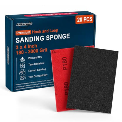Shinboc 20 PCS Sanding Sponge 180 Grit, Hook and Loop Sandpaper Block - style: 180 Grit