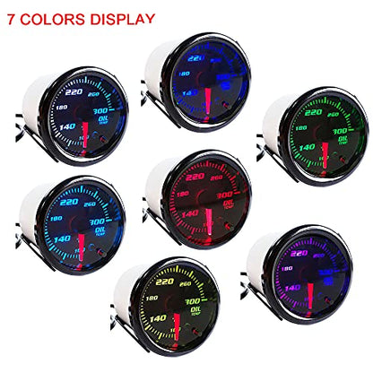 2" Oil Temp Gauge 7 Color Tinted 52mm Temperature Meter 100-300℉ Fahrenheit Includes Electronic Thread 1/8 NPT Sensor