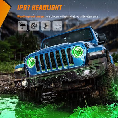 Nilight 2PCS 7 Inch LED Halo Headlights w/Turn Signal Amber Green DRL - color: JK Headlight Green Amber 2Pcs