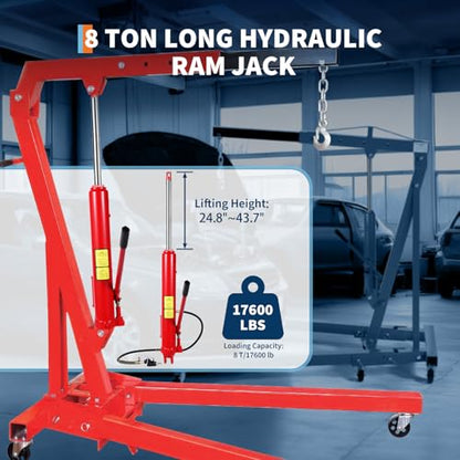 8 Ton Hydraulic Engine Hoist Cylinder with Clevis Base & Air Pump, Heavy Duty Long Ram Jack for Engine Hoists, Shop Cranes, Garage Lifts