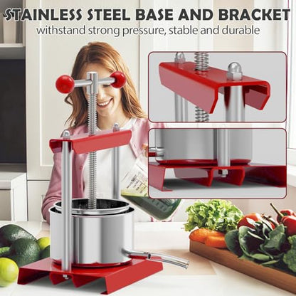 SQUEEZE master Cheese Tincture Herb Fruit Wine Manual Press -0.53Gallon/ 2 Litre-Power Ball Handle-Stainless Steel & Iron for Juice, Cider,Wine,Olive Oil - color: Red, size: 0.53Gallon