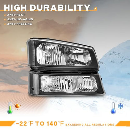 WEELMOTO Halogen Headlights Assembly for 2003-2007 Chevy Silverado - color: Clear Lens l Black Housing l Clear Reflector