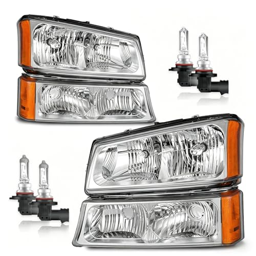 Halogen Headlights for 2003-2007 Chevy Silverado 1500 2500 3500 - color: Polished Chrome | With High & Low Beam Bulbs