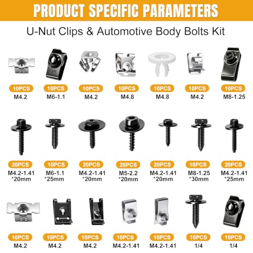 weideer 260PCS M4.2-1.41 M6-1.0 M8-1.25 1/4 Fender Liner Screw U Nut Kit - color: BK+SV M4.2-M8 U Clips+Screws