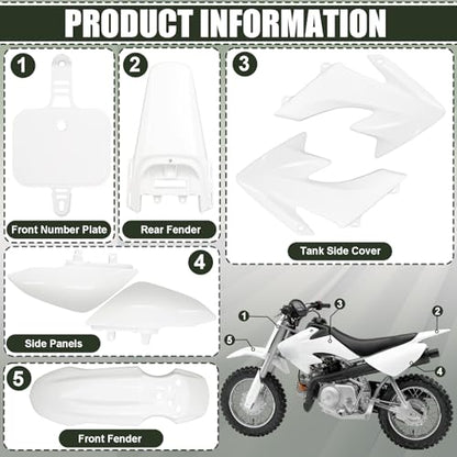 Podoy CRF50 Body Fender Kit Plastic Fairing 7PCS with Bolts (White) - style: White