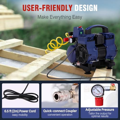 Air Compressor, 1 Gallon Ultra Quiet Portable 60 dB, 13-Second Quick Fill, 1 Gallon Compact, Oil-Free for Tire Inflation/Nail Gun/Pneumatic Tools/Cleaning in Home or Shop Projects, 1.5HP, Violet