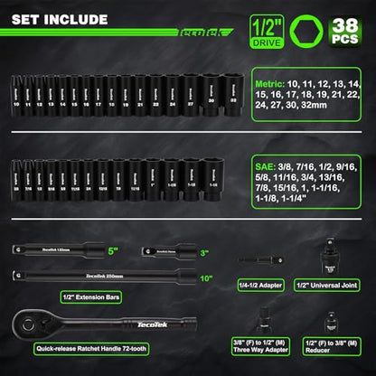 TecoTek 1/2" Drive Deep Impact Socket Set, 38-Piece Socket Set SAE 3/8 to 1-1/4 inch and Metric 10-32mm Size, Includes Extension Bars, Universal Joint, Adapter and Ratchet Handle, 6 Point, Cr-V Steel - style: 1/2" Drive 38pcs Impact Socket Set