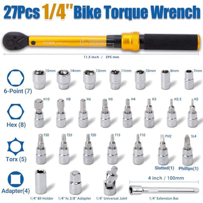 YIYEIE 1/4 Inch Drive Bike Torque Wrench, 1-25 Nm (10-222.5 in.lb) - size: 1/4″ 27PCS