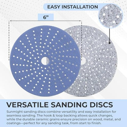 Sunmight Ceramic Film Multi-Hole Grip Discs – 100 Grit 6 Inch Sanding Discs Hook and Loop – High Dust Extraction, Fast Cutting & Durable – Polyester Film Backing for Automotive, Marine, Wood & Metal - size: 6 Inches