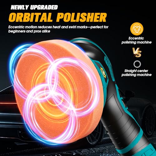 Cordless Car Buffer Polisher kit, DA Polisher with 2*21V Batteries - color: Blue