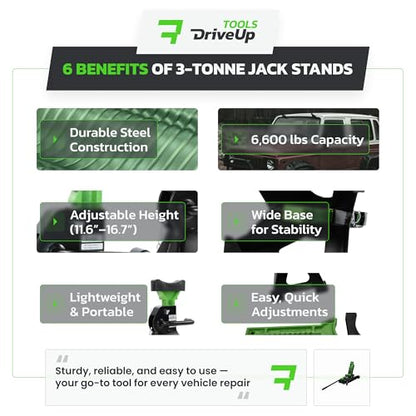Jack Stands 3 Ton (6,600 lb) Heavy Duty Steel, Double Locking, Set of 2, Adjustable Height 11.03-16.7 Inch, Green Car Jack Stands for Cars SUV Trucks Vans