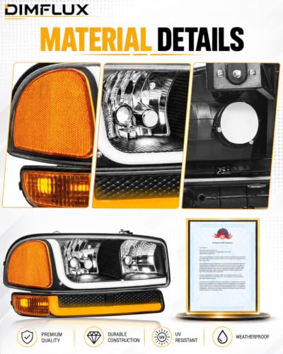 fit1999-2006 GMC Sierra 1500 2500 3500 Headlights w/Dual LED DRL for Yukon XL 1500 2500 NO Denali Trim Models Black Housing Amber Reflector - color: Black Housing Amber Reflector