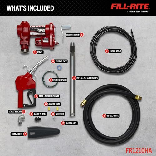Fill-Rite FR1210HA 12V 15 GPM Fuel Transfer Pump with Discharge Hose & Automatic Nozzle, Red | Gasoline, Diesel, Kerosene, Ethanol & Methanol Blends & Biodiesel - style: Auto Nozzle (Red)