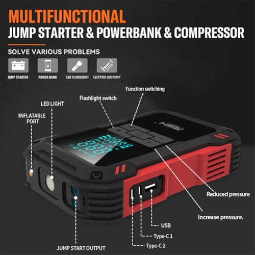 RSH Jump Starter with Air Compressor 4000A Peak Car Battery Jump Starter 150PSI Inflator Auto Booster 15000mAh Jump Box (up to 10L Gas,8L Diesel Engine) with LED Light,Quick Charger USB-C