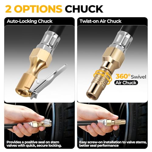 Auto Dynasty Digital Tire Inflator with Pressure Gauge, 200 PSI Air Chuck and Air Compressor Attachments, Heavy Duty Compressor Accessories with Rubber Hose and Quick Connect Coupler