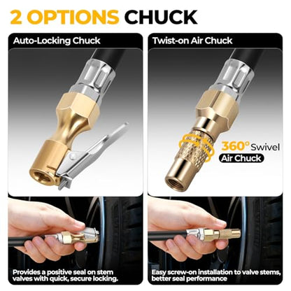 Auto Dynasty Digital Tire Inflator with Pressure Gauge, 200 PSI Air Chuck and Air Compressor Attachments, Heavy Duty Compressor Accessories with Rubber Hose and Quick Connect Coupler