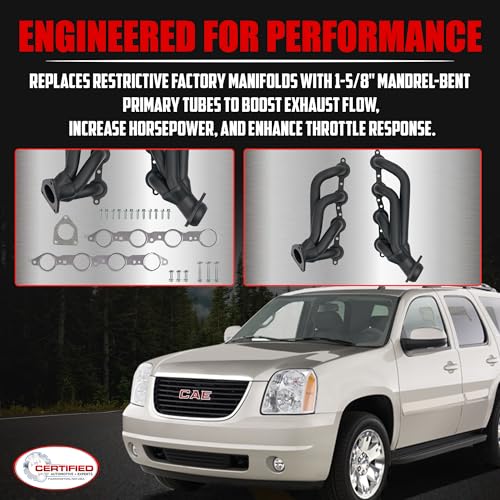 High Temperature Black Coated Exhaust Headers 2002–2013 Silverado Sierra Suburban Tahoe Yukon Escalade 4.8L 5.3L 6.0L 6.2L V8 LS Style Engines Right Side Beveled Flange - size: Black Coated Exhaust Headers