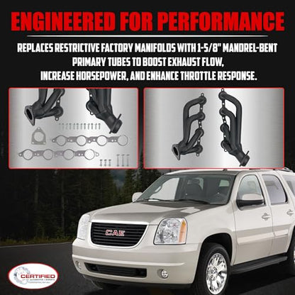 High Temperature Black Coated Exhaust Headers 2002–2013 Silverado Sierra Suburban Tahoe Yukon Escalade 4.8L 5.3L 6.0L 6.2L V8 LS Style Engines Right Side Beveled Flange - size: Black Coated Exhaust Headers