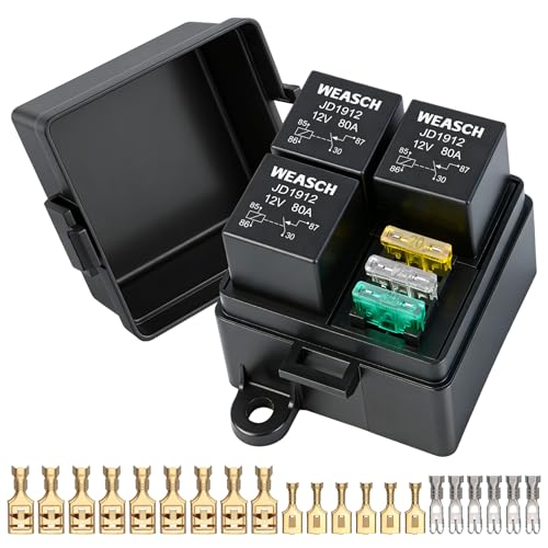 12V 3 Way Fuse Relay Weasch Box, 3x4-Pin 80Amp Relays and 3 ATC/ATO Blade Fuses, for Cars Truck Jeep - size: 80A 3 Relay 3 Fuses, style: Box