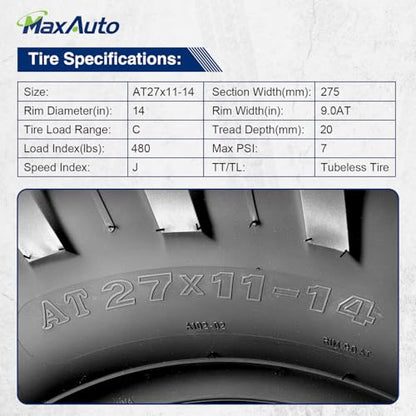 ‌MaxAuto UTV/ATV Tire Set - 4-Pack (2x27x9-14 Front & 2x27x11-14 Rear) - All-Terrain Off-Road Performance, 6-Ply Tubeless Construction, Enhanced Traction & Durability for Side-by-Side Vehicles - size: 27x9-14 Front & 27x11-14 Rear