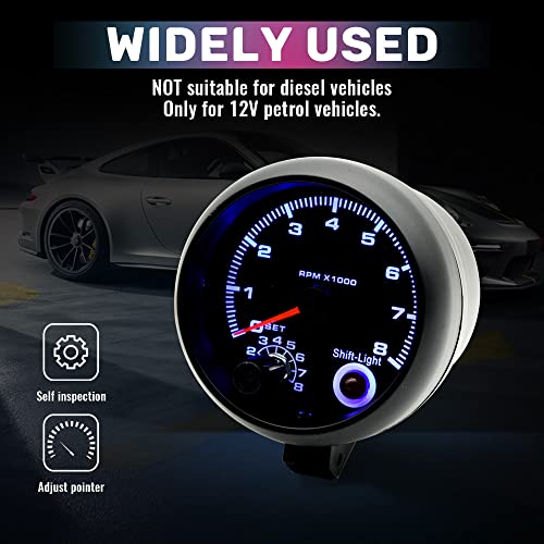 Tachometer Gauge,3.75'' Car Universal Black Tachometer Gauge Blue Inter Shift Light 0-8000 RPM