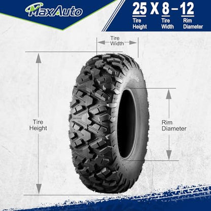 MaxAuto Set of 2 AT25x8-12 ATV UTV Mud Sand Tires,25x8x12 All-Terrain Off-Road Front Tires,6 PR, Tubeless - size: 25x8-12 Front