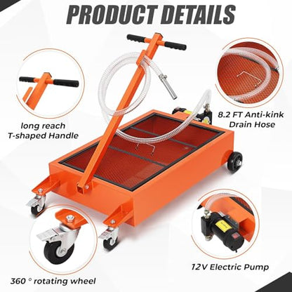 17 Gallon Steel Oil Drain Cart with 12V Electric Pump & 8 Ft Hose, Orange - color: Red, size: 17 Gallon(12V Electric Pump)