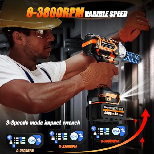 1/2" Cordless Impact Wrench, 900Ft-lbs (1200N.m) Brushless High Torque Impact Gun,3800RPM,3 Variable Speeds,LED Light,2x4000mAh Battery, 5 Sockets,Electric Impact Gun for Car/Mower/Pickup - size: 1200n