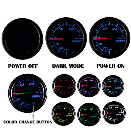 YONEDA Turbo Boost Gauge Kit Vacuum 30 PSI Tinted 7 Color - Includes Mechanical Hose & T-Fitting - Black Dial- for Car&Truck - 55mm