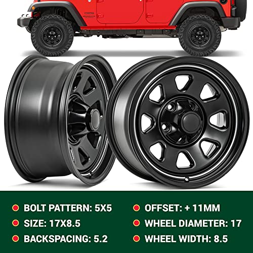 Quadratec CJ Retro 17" Alloy Wheel, Satin Black - 5x5 Bolt Pattern with 5.2" Backspace - 17x8.5 (+11mm Offset) - Fits Jeep JT, WK, WK2, JK, JL, JKU, JLU 05-22 - Hub Centric Alloy Aluminum Wheel - color: Satin Black