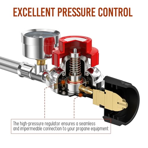12FT 0-30 PSI Adjustable High Pressure Propane Regulator with Gauge,Stainless Propane Regulator with Hose QCC1 with 3/8 Flare x 1/8 MNPT Fits for Turkey Fryer,Propane Burner,Fire Pit, Forge - size: 12FT