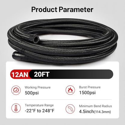 EVIL ENERGY 12AN Fuel Line Kit 20FT CPE Nylon Braided Hose with 12 Fittings - color: Black, size: 12AN 20FT