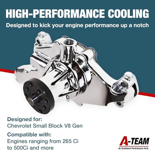 A-Team Performance 6-Blade Aluminum Water Pump - 5-5/8 in H, 5/8 in Shaft High-Volume Pump - Compatible with Small Block Chevrolet 265-400 Ci Engines